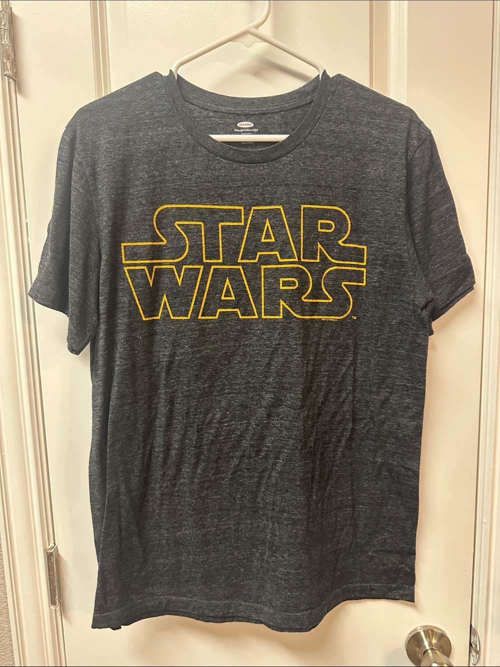 Old Navy Heather Navy Short Sleeve Graphic Tee with Yellow Print